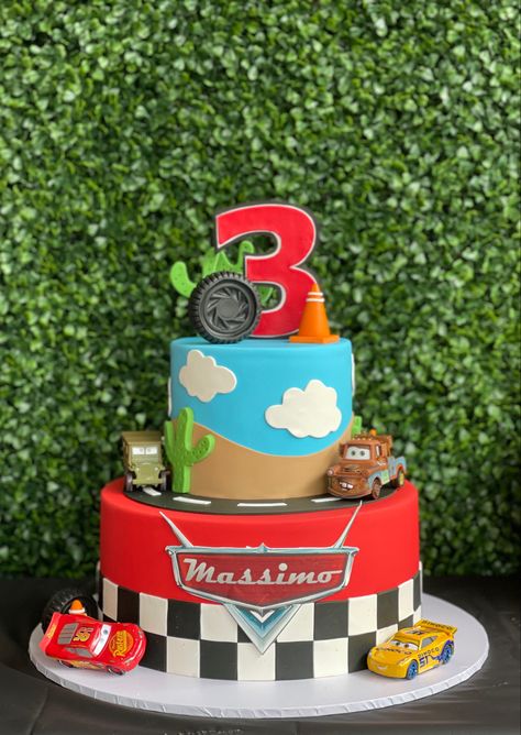 3 Year Birthday Car Theme, Cars Cake 3rd Birthday, Cars 3 Cake Ideas, Cars The Movie Theme Birthday Party, Lightning Mcqueen 3rd Birthday Cake, 3 Year Birthday Theme Cars, Cars Mcqueen Birthday Party Ideas, Disney Car Birthday Cake, Cars Movie Cake Ideas