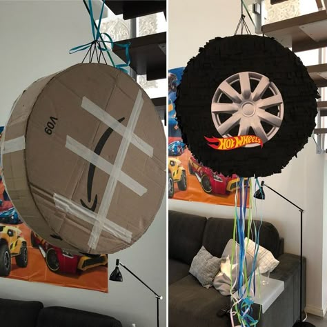 Wheel Pinata, Tire Pinata, Hot Wheels Themed Birthday Party, Monster Jam Birthday Party, Auto Party, Pinata Diy, Monster Jam Party, Monster Jam Birthday, Hotwheels Birthday Party