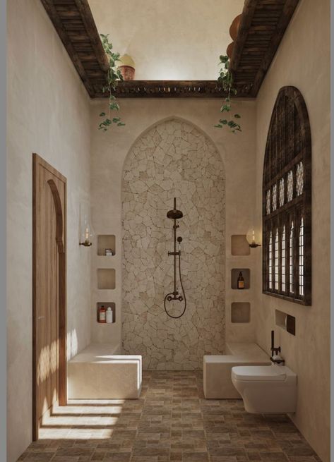 Riad Bathroom Moroccan Style, Hammam Style Bathroom, Moroccan Bathroom Design, Spanish Villa Decor, Bali Bathroom Interior Design, Moroccan Toilet, Outdoor Curtain Ideas, Bathroom Board And Batten, Mediterranean Shower