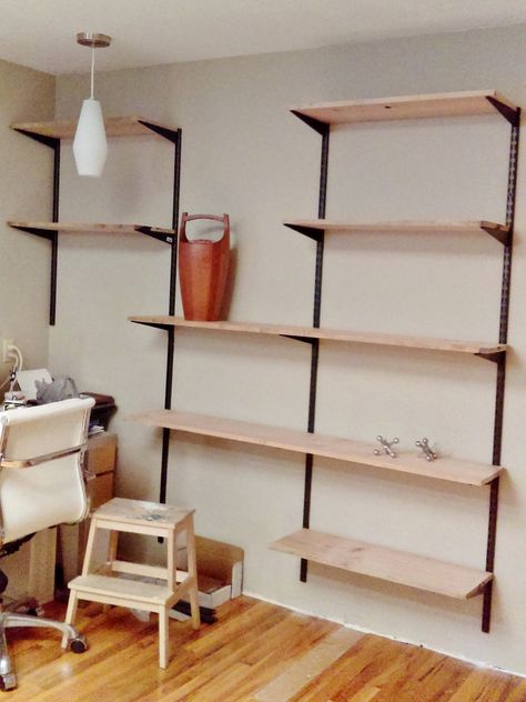 Build Your Own Mid-century Modern Shelving Unit Mid Century Modern Shelving Unit, Mid Century Wall Shelves, Track Shelving, Mid Century Wall Unit, Mid Century Modern Shelves, Modern Shelving Units, Diy Mid Century Modern, Diy Mid Century, Diy Floating Shelves