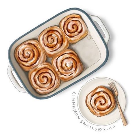 Food Drawing Illustration, Cinnamon Swirls, Baking Painting, Watercolor Food Illustration, Food Art Painting, Recipe Drawing, Baking Art, Food Artwork, Food Sketch