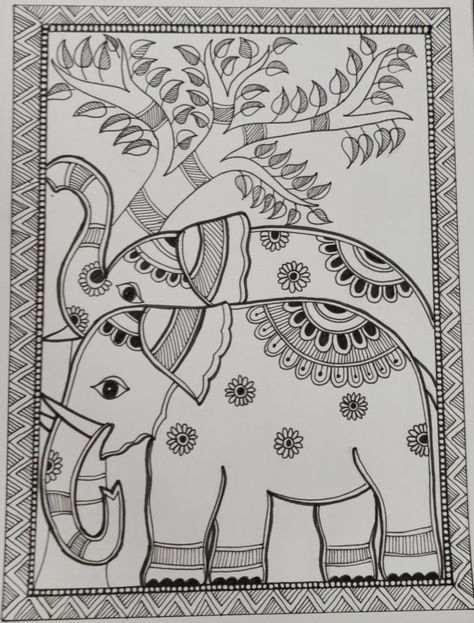 Madhubani Art Elephant Design, Madhubani Painting Outline, Madhubani Painting Elephant Easy, Elephant Drawing Embroidery, Easy Folk Art Drawing, Madhubani Painting Drawing, Madhubani Pencil Drawing, Madhubani Elephant Design, Beautiful Madhubani Art