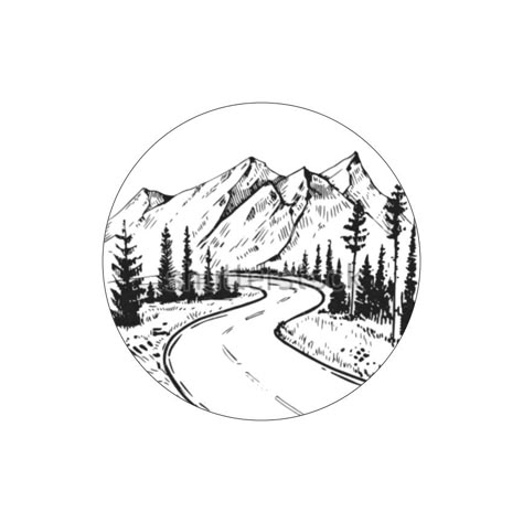 Road And Mountain Tattoo, Circular Mountain Tattoo, Country Roads Tattoo, Mountain Road Tattoo, Open Road Tattoo, Road Tattoo Design, Road Trip Tattoo Ideas, Roadtrip Drawing, Road Trip Tattoo