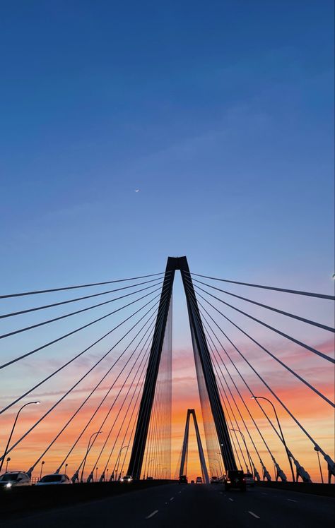 Sky Pics Aesthetic, Ravenel Bridge Charleston, Sunset Bridge, Bridge Sunset, Charleston West Virginia, Life After College, Bridge Painting, Charleston Travel, College Of Charleston