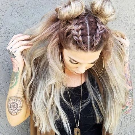 Some Space Buns here from @textursalon | Repost @beyondtheponytail ✨… Gorgeous Braids, Fishtail Braid, Hairstyles Women, Festival Hair, Girls Hair, Hair Dos, Gorgeous Hair, Half Up, Pretty Hairstyles