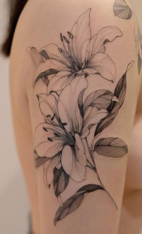 Lily Tattoo Sleeve, Lilly Tattoo Design, Lilly Flower Tattoo, Jasmine Tattoo, Lillies Tattoo, Lily Tattoo Design, Lily Flower Tattoos, Flower Tattoo Shoulder, Lily Tattoo