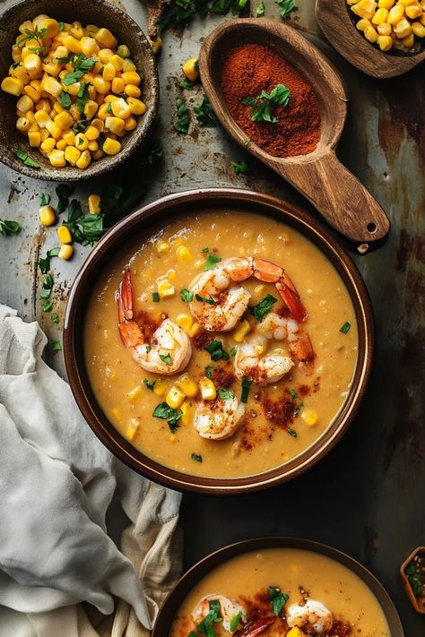 Bring the heat with this spicy New Orleans shrimp and corn bisque! A rich and creamy soup bursting with Cajun spices, sweet corn, and plump shrimp for a bold flavor experience.  #SpicyBisque #ShrimpCornBisque #NewOrleansFlavors #CajunCooking #SeafoodSoup #ComfortFood #BoldFlavors #SeafoodLovers #CajunSpices #CozyMeals Spicy Corn Soup, Shrimp And Corn Bisque, Crab And Corn Bisque, New Orleans Shrimp, Shrimp Corn Chowder, Cream Of Corn Soup, Corn Bisque, Shrimp And Corn, Cajun Spices