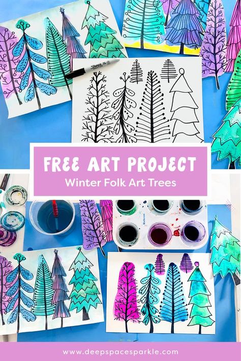 Folk Art Trees, Winter Folk Art, Holiday Art Projects, Winter Art Lesson, Christmas Art Projects, Art Project For Kids, Winter Art Projects, 2nd Grade Art, 4th Grade Art