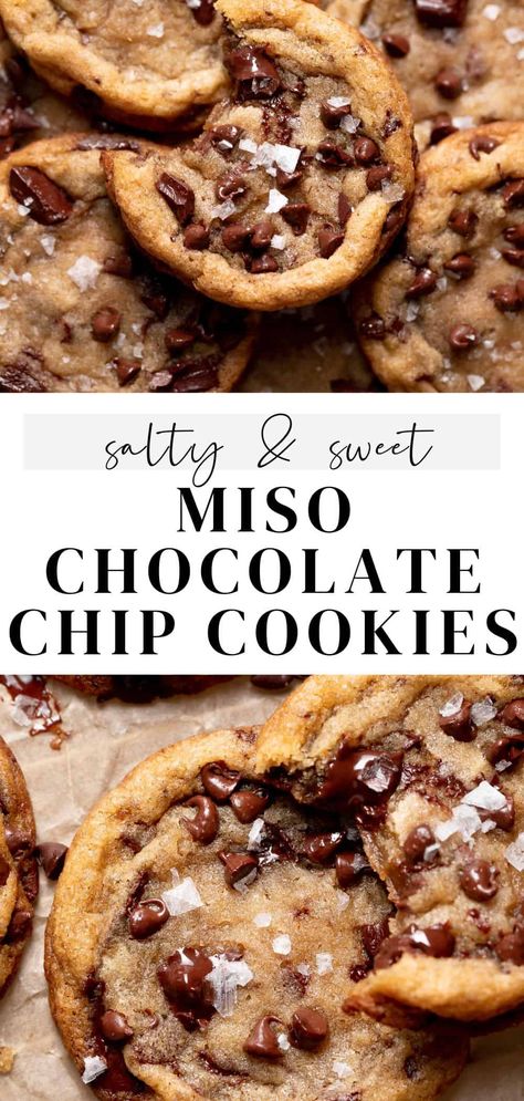 Miso chocolate chip cookies are sweet and salty chocolate chip cookies with a special ingredient: miso! This recipe takes your classic chocolate chip cookie recipe to the next level with rich brown butter, miso flavor, and two different kinds of chocolate for the best dessert ever! Miso Brown Butter Chocolate Chip Cookies, Brown Butter Miso Chocolate Chip Cookies, White Chocolate Miso Cookies, Vegan Miso Cookies, Miso Cookie Recipe, Miso Dessert Recipes, Mini Chocolate Chip Recipes, Cookie Drops, Miso Chocolate Chip Cookies