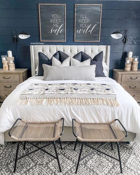 1,478 Likes, 93 Comments - Modern Farmhouse Designer (@greybirchdesigns) on Instagram: “My bedroom is one of my favorite rooms in our house I love the dark moody blue shiplap wall! I had…” Blue Shiplap, Fall Bedroom Decor, Shiplap Wall, Modern Farmhouse Bedroom, Bedroom Orange, Gorgeous Bedrooms, Accent Wall Bedroom, Fall Bedroom, Bedroom Accent