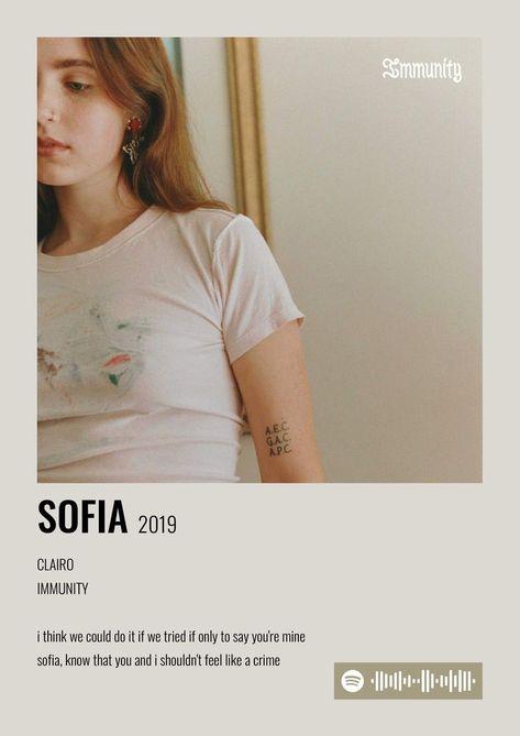 Clairo - Sofia minimalist poster with spotify code Sofia Song, Wanna Be Yours Arctic Monkeys, Arctic Monkeys Poster, I Wanna Be Yours, Posters Aesthetic, Minimalist Music, Wanna Be Yours, Movie Wall, Music Poster Ideas