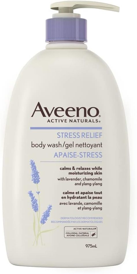 Aveeno Stress Relief Body Wash with Colloidal Oatmeal for moisturizing and soothing dry skin Hypoallergenic body wash ideal for relaxing while cleansing and moisturizing dry skin Uses the soothing effects of lavender chamomile and ylang-ylang scents to wash your stress away Aveeno Products, Shaving Lotion, Natural Body Wash, Colloidal Oatmeal, Smooth Legs, Lavender Fragrance, Body Cosmetics, Stuff For Sale, Moisturizer For Dry Skin