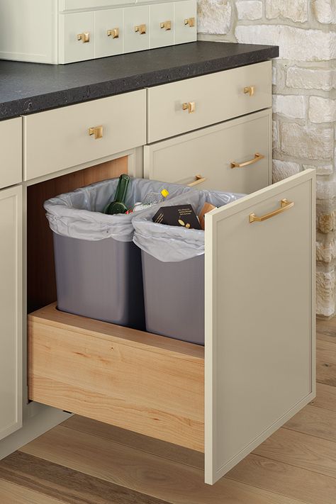 Under Counter Trash And Recycling, Unique Trash Can Ideas, Garbage Kitchen Ideas, Garbage Cans In Kitchen, Built In Trash Can Cabinet, Pull Out Trash Cabinet, Pull Out Trash Can Cabinet, Hidden Trash Can Kitchen, Kitchen Garbage Can Storage