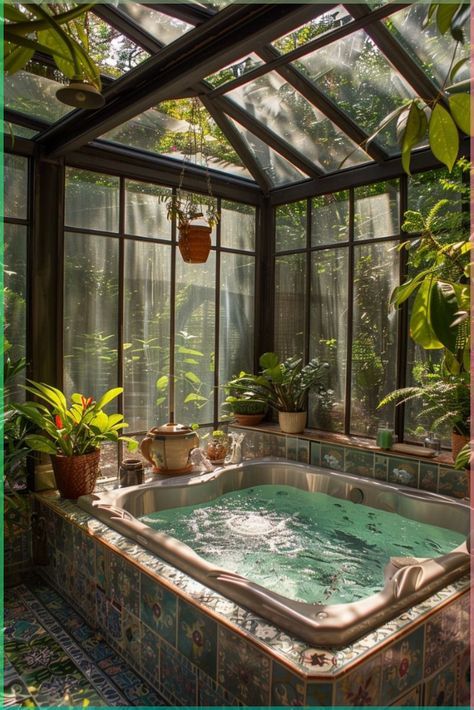 Greenhouse Jacuzzi, Rainforest Aesthetic, Mosaic Patio, Indoor Hot Tub, European Living, Cowhide Chair, Piscina Interior, Dream House Rooms, Elegant Bathroom