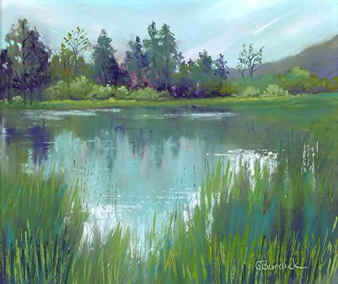 Pond Scenery Painting, Pond Reflection Painting, Paintings Of Ponds, Painting Pond Water, Forest Pond Painting, Pond Landscape Painting, How To Paint A Pond, Pond Painting Acrylic, Lakeside Painting