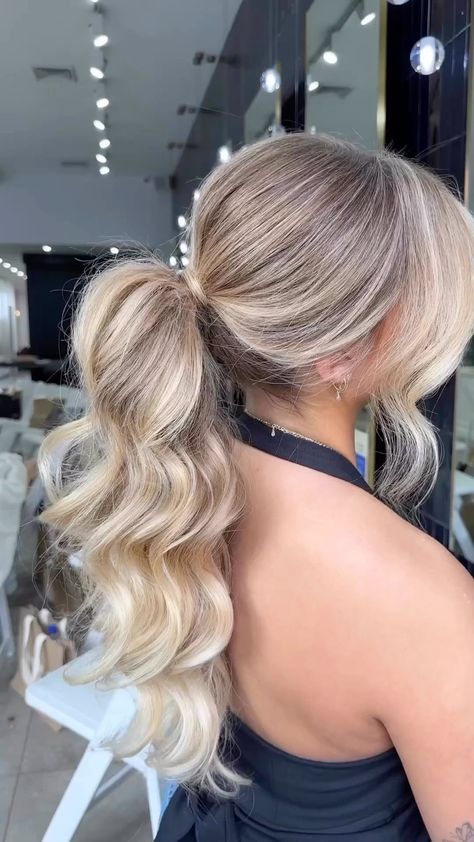 Wedding Guest Hairstyles Hollywood Waves, Braidsmade Hairstyle, Rehearsal Dinner Hair For Bride, Banquet Makeup, Wedding Ponytail Hairstyles, Business Hair, Bridesmaid Hair Ponytail, Bridesmaid Hair Inspo, Wedding Ponytail