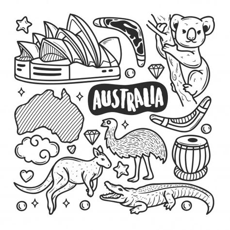 Australia icons hand drawn doodle colori... | Free Vector #Freepik #freevector #travel #icon #hand #line Australia Drawing Ideas, Australia Doodles, Australia Drawing, Australia Tattoo, Travel Doodles, Star Doodle, Australia Art, Logos Retro, Hand Drawn Icons