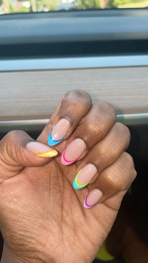 French Nails For Summer, Multi Colored French Tip Nails, Double French Tip Nails, Color French Nails, Double French Tip, Cute Easy Nail Designs, Colored French Tips, Neon Acrylic Nails, Easy Nail Designs