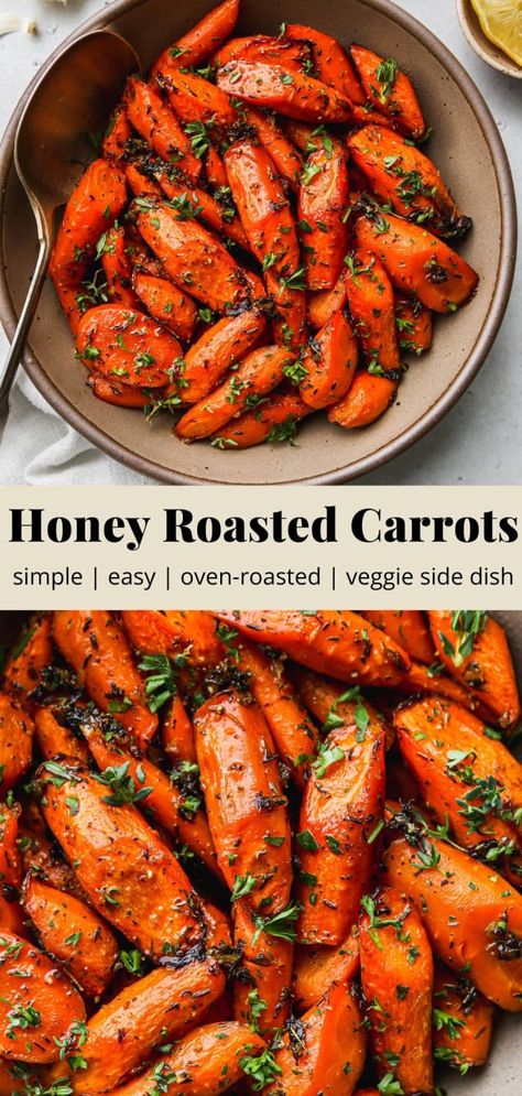 Simple Honey Roasted Carrots (Oven 400F) | Walder Wellness, RD Carrots Oven, Carrots In Oven, Thanksgiving Veggies, Veggie Side Dish, Honey Carrots, Carrots Side Dish, Roasted Carrots Recipe, Honey Roasted Carrots, Thanksgiving Food Sides