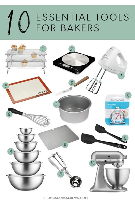 Baking Starter Kit, Baking Needs List, Baking Utensils Tools, Baking Essentials Tools, Kitchen Utensils List, Baking Tools And Equipment, Baking Appliances, Bakery Tools, Kitchen Essentials List