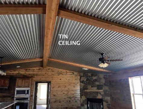 Galvanized Tin Walls Living Room, Corrugated Ceiling Ideas, Rustic Metal Ceiling Ideas, Tin Interior Ceiling, Corrugated Bathroom Ideas, Metal Ceiling Living Room, Metal Ceilings With Wood Beams, Tiny Cabin Ceiling Ideas, Tin Ceiling Ideas Rustic Bedroom