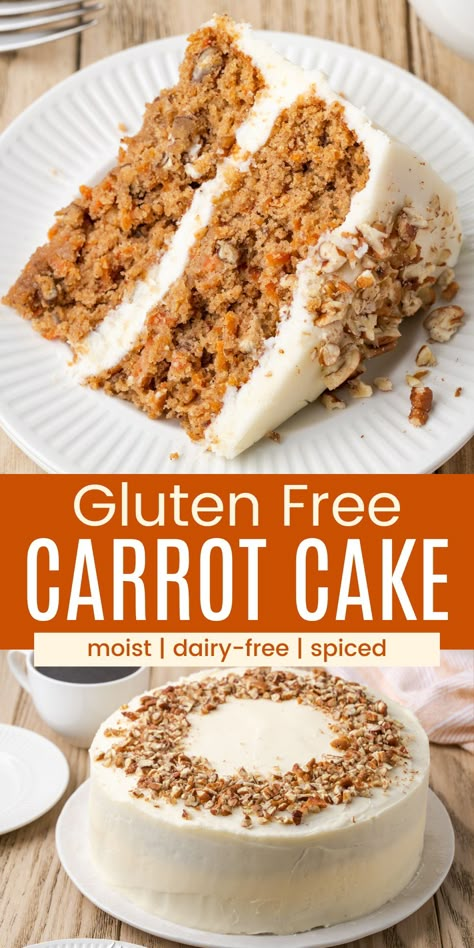 This moist and fluffy Gluten Free Carrot Cake is an easy dessert filled with fresh carrots and warm spices and covered in rich homemade cream cheese frosting. It’s a classic recipe that’s gluten-free, dairy-free, and perfect for Easter (or, any other time of the year!). Gluten Free Dairy Free Cake, Gluten Free Carrot Cake Recipe, Dairy Free Carrot Cake, Lactose Free Desserts, Gluten Free Dairy Free Dessert, Dairy Free Baking, Gluten Free Cake Recipe, Gluten Free Carrot Cake, Dairy Free Desserts