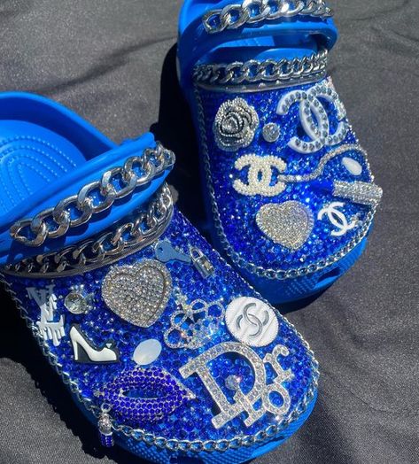 Blue Custom Crocs, Blue Bling Crocs, Costume Crocs, Croc Decor Ideas, Baddie Crocs, Crocs Business, Customize Crocs, Crocs Inspiration, Uggs Slides