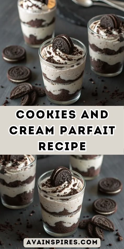 Cookies and Cream Parfait Oreo Parfait Recipe, Oreo Cheesecake Dessert Cups, Mini Dessert Shooter Recipes, Yogurt Parfait Cups To Go, Spring Parfait Desserts, No Bake Dessert Cup Recipes, Oreo Cup Dessert, Oreo Dessert Shooters, Dessert Table Recipes Easy