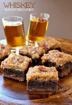 Whiskey Bacon Brownies on board with whiskey Whiskey Bacon, Bacon Brownies, Bacon Desserts, Boozy Baking, Alcoholic Desserts, Chewy Brownies, Boozy Desserts, Bacon Recipes, Cake Toppings