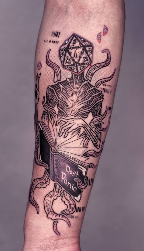 Color Shaded Tattoo, Cthulu Tattoos Design, Eldritch Horror Tattoo, The Lich Tattoo, Lovecraft Tattoo Ideas, Goth Couple Tattoos, Cthulhu Tattoo Design, Lovecraftian Tattoo, Beholder Tattoo