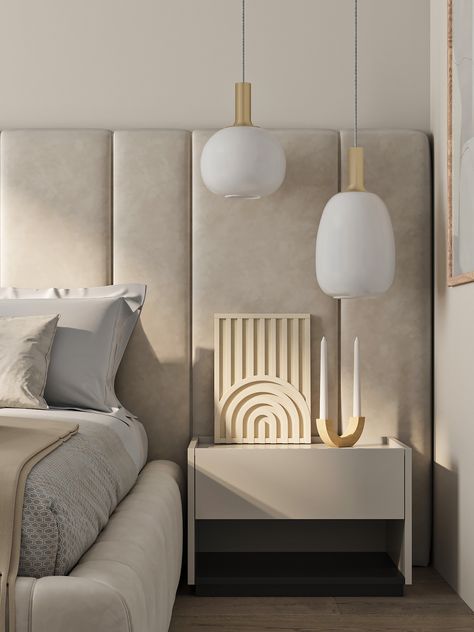 Bedroom. warm beige on Behance Guest Bedroom Ideas Contemporary, Master Bedrooms Beige, Headboard Ideas Bedroom Modern, Beige Beds, Cream Headboard Bedroom Ideas, Grey Beige Bedroom, Beige Headboard Bedroom, Luxurious Bedrooms Master Modern, Master Bed Headboard