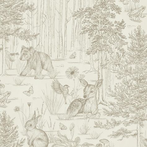 Dreamy Woodlands Toile - When I started drawing out this pattern, these words came to mind. ‘Dreamy’ to describe the serene atmosphere; a wondrous yet peaceful setting where animals come together in perfect harmony. ‘Toile’ to give a twist to the Toile de Jouy style I love so much. #wallpaperdesign #toiledejouy #woodlandswallpaper #wildernesswallpaper #tonsurton #interiorstyling #kidsroominspiration #wallstyling #forestwallpaper #angelstrumpetstudio #designbrief Arabic Pictures, Anthro Christmas, Woodland Illustration, Woodland Wallpaper, Dog Tree, Toile Wallpaper, Toile Pattern, Nursery Room Design, Kids Pjs