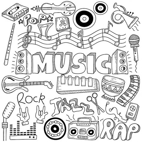 Cute Music Drawings, Music Related Drawings, Music Lettering, Doodle Drawing Ideas, Music Coloring Sheets, Drawing Ideas Easy Doodles, Musical Instruments Drawing, Music Doodle, Collage Creator