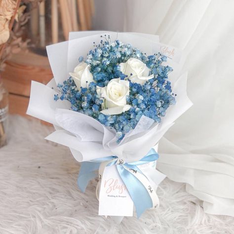 Baby's Breath And Rose Bouquet, Baby Blue Flower Bouquet, Baby Blue Bouquet, Graduation Flowers Bouquet, Baby Breath Bouquet, Graduation Flower Bouquet, Small Wedding Bouquets, Ribbon Flowers Bouquet, Blue Flowers Bouquet