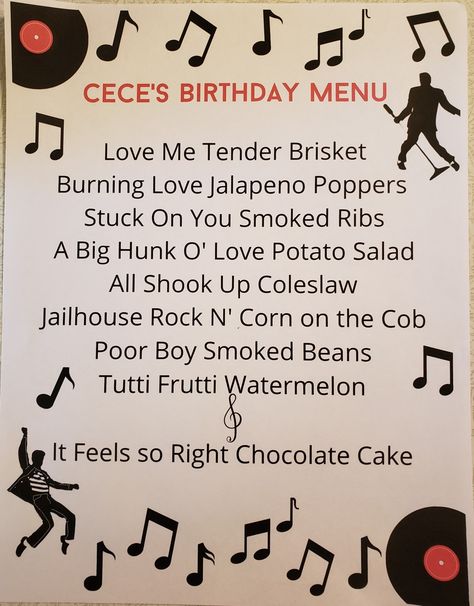 Fun Elvis food menu for an Elvis themed Birthday party Elvis Week Activities, 1948 Party Theme, Elvis Party Invitations, Elvis Presley Party Food Ideas, Elvis Themed Birthday Party Ideas, Elvis Presley Birthday, Elvis Food Ideas, Elvis Presley Party Theme, Elvis Presley Themed Birthday Party