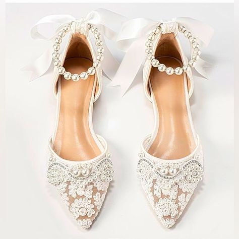 Women’s Pearl Ivory flat Wedding Shoes for Bride Lace Rhinestones Pointed Toe White Wedding Flats For Bride, White Low Heel Wedding Shoes With Rhinestones, White Embellished Low Heel Wedding Shoes, White Embellished Flat Heel Wedding Shoes, White Flat Heel Wedding Shoes For Bridal Shower, White Flat Heel Wedding Shoes With Rhinestones, White Pearl Embellished Pointed Toe Wedding Shoes, Rhinestone Wedding Shoes For Bridal Shower, Elegant Lace-up Wedding Shoes With Rhinestones