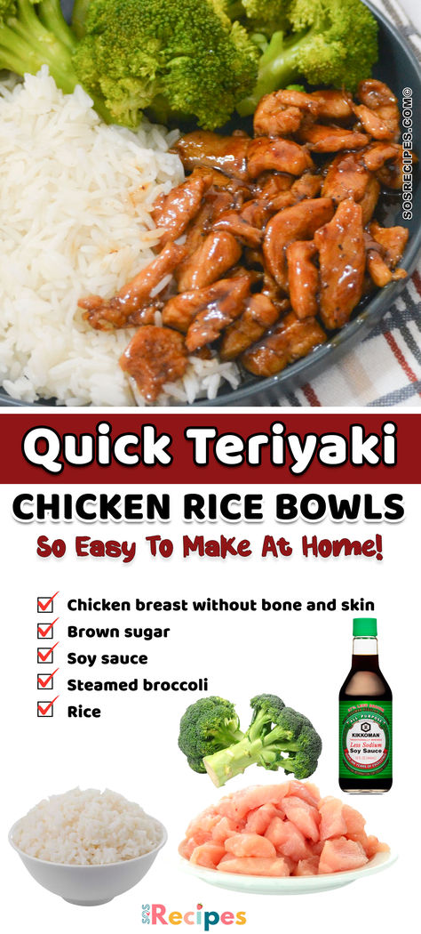 This simple and tasty 20-minute recipe of delicious rice plated with some broccoli and tender chicken full of garlicky goodness, made into these perfect Teriyaki Chicken Rice Bowls. With components you can easily find at home, put a twist on your dinner with an Asian touch. Rice Bowls Chicken, Quick Teriyaki Chicken, Teriyaki Chicken Bowl Recipe, Teriyaki Chicken Rice, Garlicky Chicken, Rice Bowls Healthy, Teriyaki Chicken Rice Bowl, Teriyaki Rice, Teriyaki Chicken Bowl