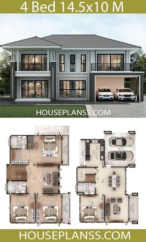 House Plans Design Idea 13.5x9.5 With 4 Bedrooms - House 2 Storey House Design, Two Story House, House Plans One Story, 4 Bedroom House Plans, Container Architecture, House Plan Gallery, House Construction Plan, Model House, House Layout Plans