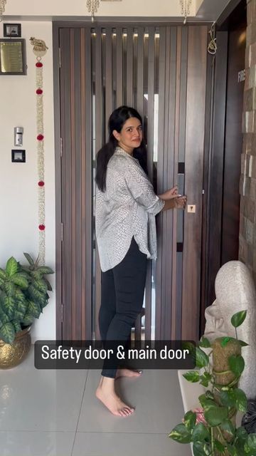 Main Door Design With Safety Door, Saftydoor Wooden Design, Main Door And Safety Door Designs, Glass Door With Wooden Frame, Wooden Safety Door Design, Main Door With Safety Door Design, Jaali Door Design Wooden, Safety Door Design Entrance For Flat, Modern Main Door Design