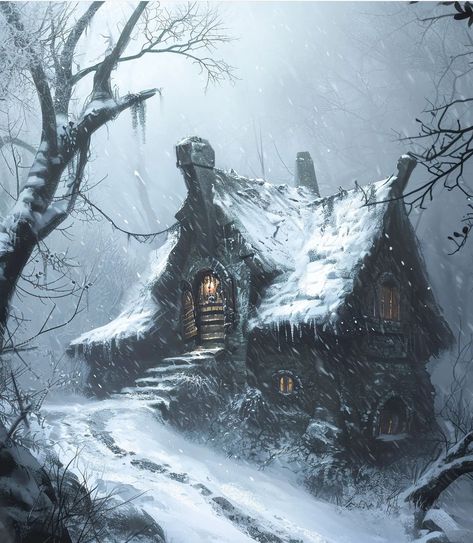 Stone Hut, Fantasy Cabin, Witch Hut, Witches House, Icewind Dale, Heavy Snowfall, Fantasy Village, Snow Forest, Fantasy Forest