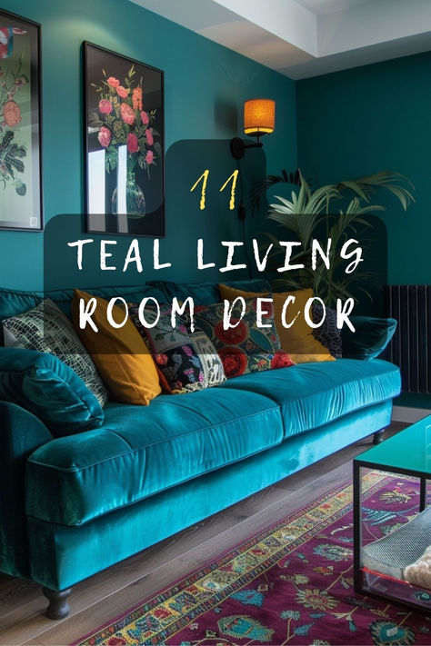 Love teal? Discover 11 stunning living room decor ideas that incorporate teal beautifully. Click to get inspired! 🛋️✨ #HomeDecor #LivingRoom #TealDecor #InteriorDesign #StyleInspo Cognac And Teal Living Room, Teal Modern Living Room, Red Turquoise Living Room, Coloured Sofa Ideas, Beautiful Living Room Colors, Moody Living Room Teal Couch, Turquoise Furniture Living Room, Living Room Colorful Couch, Peacock Blue Decor