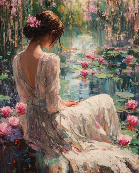 Have a Beautiful Tuesday~ https://surrealismbykia.carrd.co/ #impressionistart #opentowork #opentoworklinkedin #summersale Ronecance Painting, Beautiful Paintings Aesthetic, Womans Back Painting, Aesthetic Art Paintings, Artsy Girl Aesthetic, Feminine Paintings, Women In Garden, Thinking Painting, Girl Art Aesthetic