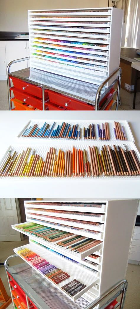 Diy Pencil Storage, Horizontal Marker Storage, Art Pen Storage, Color Pencil Storage Ideas, Diy Art Organizer, Organizing Sketchbooks, Art Supply Organization Ideas, Pen Storage Ideas Organizers, Pen And Marker Organization