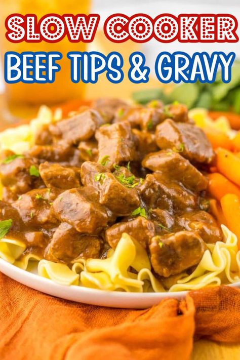 Slow Cooker Beef Tips and Gravy - Life With The Crust Cut Off Beef Tips In Gravy Crockpot, Easy Beef Tips Crockpot, Burgundy Beef Tips Recipe, Beef Tips And Gravy Crockpot French Onion Soup, Beef Tip And Gravy Crockpot, Beef Tips In Crockpot, Smothered Beef Tips Crock Pot, Crockpot Beef Tips Slow Cooker, Slow Cooker Beef Tips With Gravy