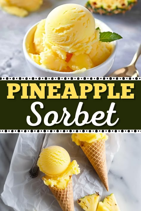 This pineapple sorbet is light, refreshing, and so delicious! It only uses three ingredients, so it's quick and easy to make, too. Homemade Sherbet Recipes, Healthy Sorbet Recipes, Easy Sorbet, Pineapple Sorbet Recipe, Sherbet Recipes, Pineapple Sorbet, Best Homemade Ice Cream, Sorbet Recipe, Sorbet Is