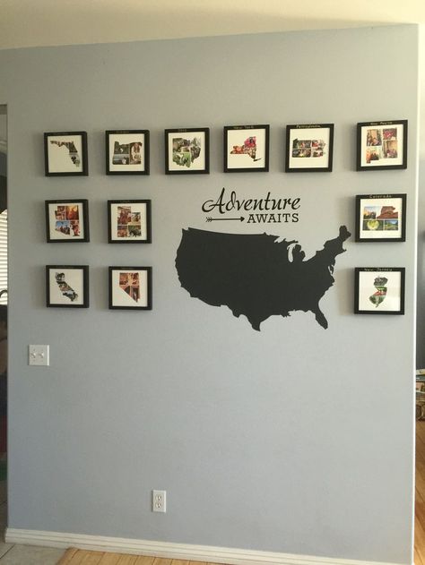 Travel wall - photo collages in the shape of each state we have traveled to. Printed on www.minted.com . Our goal is to get a picture up for every state in the US Travel Themed Room, Travel Collage, Dekor Diy, Photo Collages, Collage Ideas, Bedroom Renovation, Picture Collage Wall, Wall Picture, Photo Wall Collage