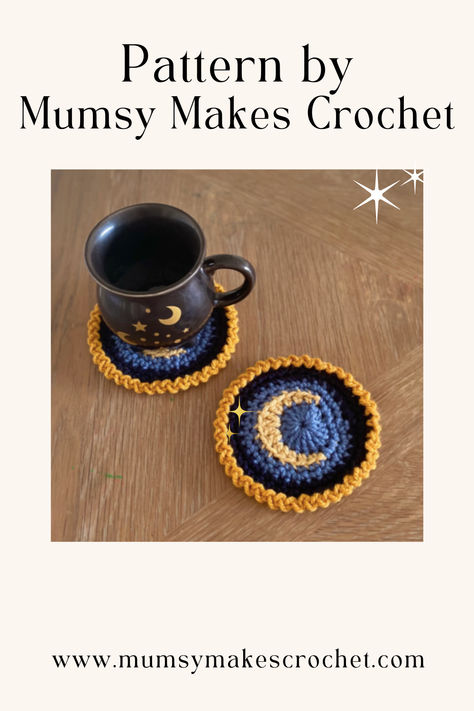 Make these beautiful coasters for yourself or loved ones. A great make for anyone who loves astrology, moon phases, Wicca or paganism. A great alternative gift. All patterns are available on my Patreon for just £4.50 per month. Save yourself a fortune and become a Patron of Mumsy Makes Crochet 🧶 Crochet Crescent Moon, Moon Crochet, Coasters Pattern, Astrology Moon, Lunar Magic, Alternative Gifts, Love Astrology, Crochet Coaster Pattern, Crochet Blog