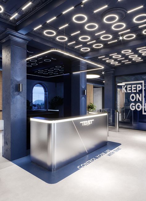 Tech Shop Design, Futuristic Office Interior Design, Futuristic Cafe Design, Trophy Shelf Ideas, Tech Store Design, Futuristic Reception, Tech Interior Design, Futuristic Office Design, Tech Office Design