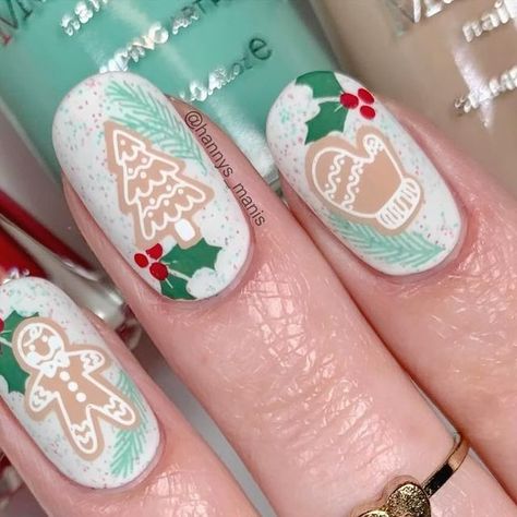 Hannah on Instagram: "Sugar cookie nails! 🎄♥️🎅🏻 This is the 3rd year I’ve done these nails and I’m still not sick of them! 😊✨⁣ ⁣ I used:⁣ ⁣ 🎄 @ilnp “Christmas Cookie”⁣ ♥️ @moyou_london “Noel 05”, & “Noel 17“ stamping plates⁣ 🎅🏻 @whatsupnails “Box of Whine” & “Blanc My Mind” stamping polishes⁣ 🎄 Maniology “Green House, “Morning Sow,” & Skin Deep” stamping polishes⁣ ⁣ Tutorial up tomorrow 🎥✨ #notd #nailart #ilnp #moyoulondon #whatsupnails" Cookie Nails, Nail Art Videos, Instagram Christmas, Nail Board, December 17, Cherry Bomb, French Vanilla, Stamping Plates, Nail Art Tutorial