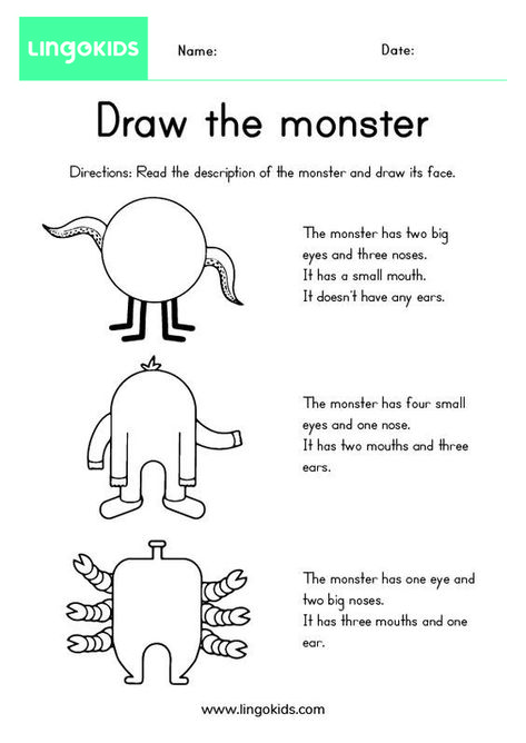 English Crafts For Kids Teaching, Fun English Activities For Kids, Draw Your Monster, Body Parts Worksheet, Body Parts For Kids, Teach English To Kids, English Teaching Materials, English Activities For Kids, English Exercises